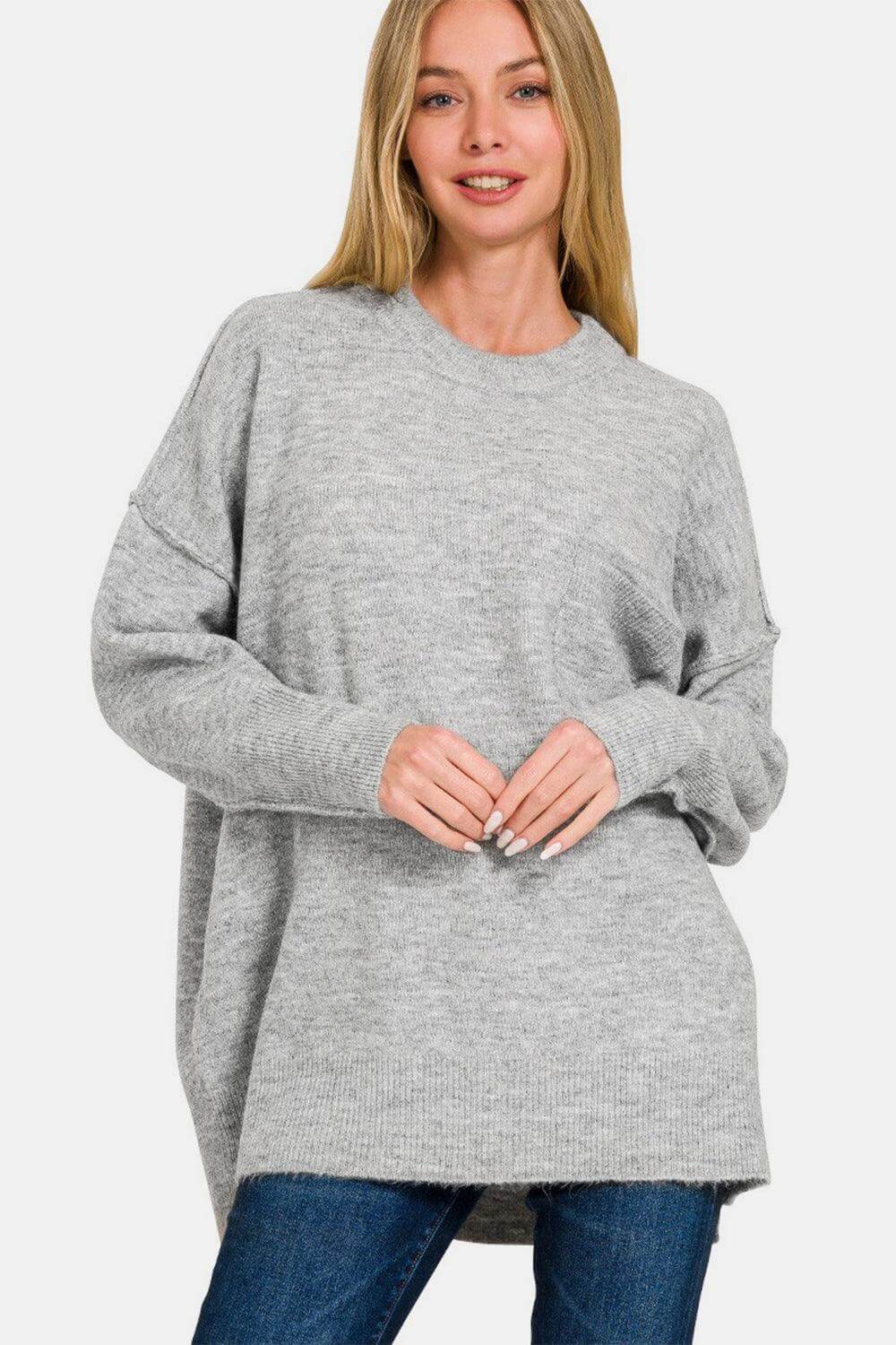 Grey High-Low Hem Drop Shoulder Sweater, Zenana, $ 39.00