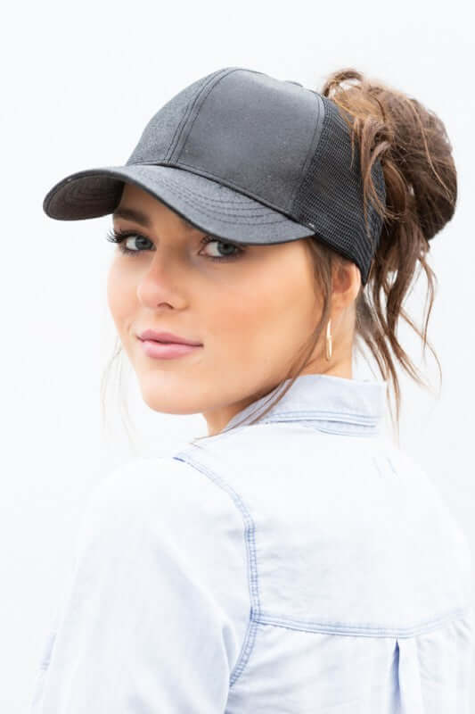 CC Glitter Messy Bun Hat Cap - Stylish & Versatile, Caps, $ 27.00, A Moment Of Now™