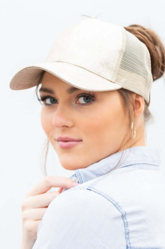 CC Glitter Messy Bun Hat Cap - Stylish & Versatile, Caps, $ 27.00, A Moment Of Now™