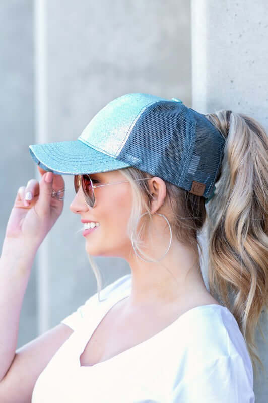 CC Glitter Messy Bun Hat Cap - Stylish & Versatile, Caps, $ 27.00, A Moment Of Now™