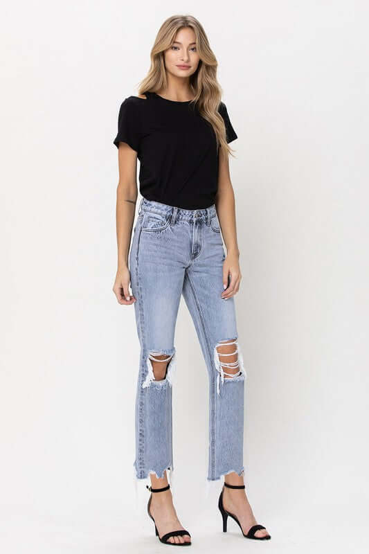 Blue Melody 90's Super High Rise Straight Crop Distressed Jeans