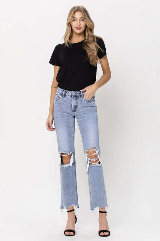 Blue Melody 90's Super High Rise Straight Crop Distressed Jeans