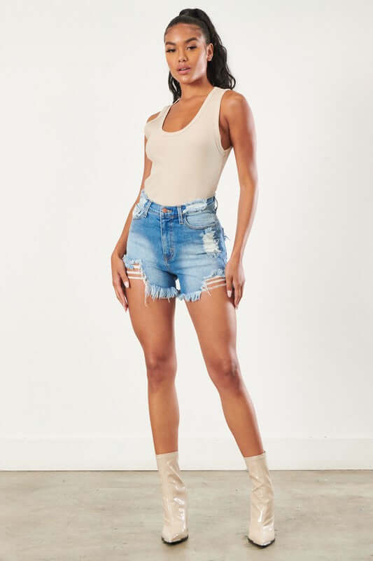 Light Stone Distressed Vintage Wash Denim Shorts, Vibrant M.i.U, A Moment Of Now