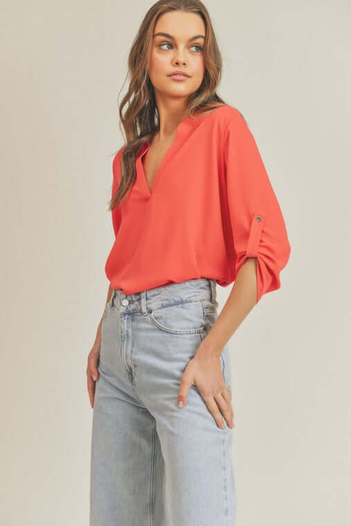 Shop Women's Roll Up Button Sleeve V Neck Top Blouse | USA Boutique Shop, Shirts, USA Boutique