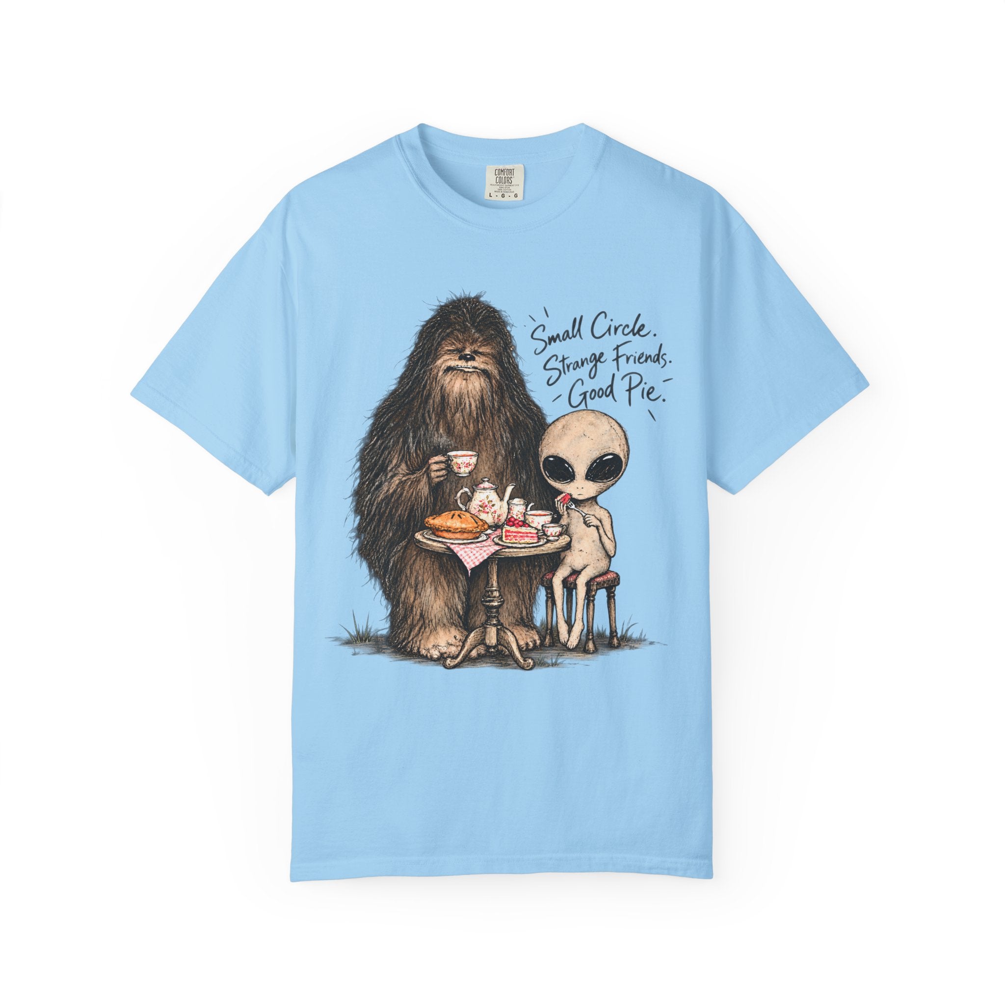 Bigfoot & Alien Tea Party T-Shirt | Small Circle, Strange Friends, Good Pie