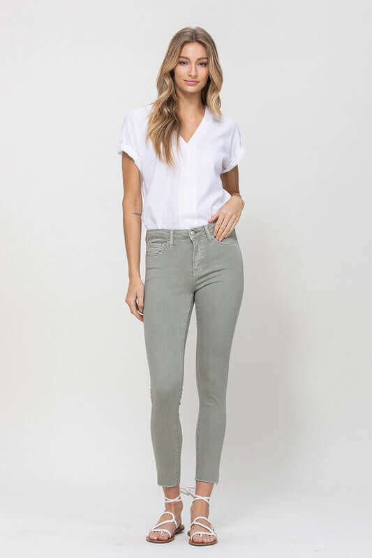 Olive Green Mid Rise Denim Olive Skinny Fray Hem Jeans, VERVET by Flying Monkey, $ 59.95