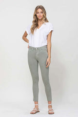 Olive Green Mid Rise Denim Olive Skinny Fray Hem Jeans, VERVET by Flying Monkey, $ 59.95