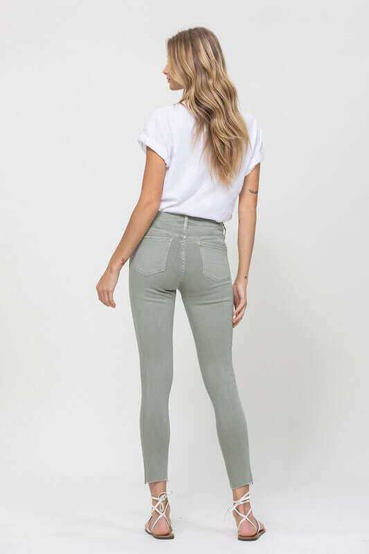 Olive Green Mid Rise Denim Olive Skinny Fray Hem Jeans, VERVET by Flying Monkey, $ 59.95