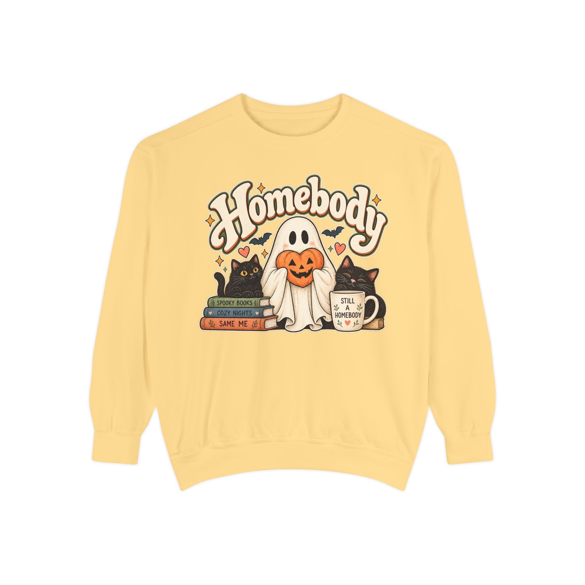 Homebody Sweatshirt — Cozy Halloween Ghost, Books & Pumpkin Mug Graphic - sweatshirt product image 3