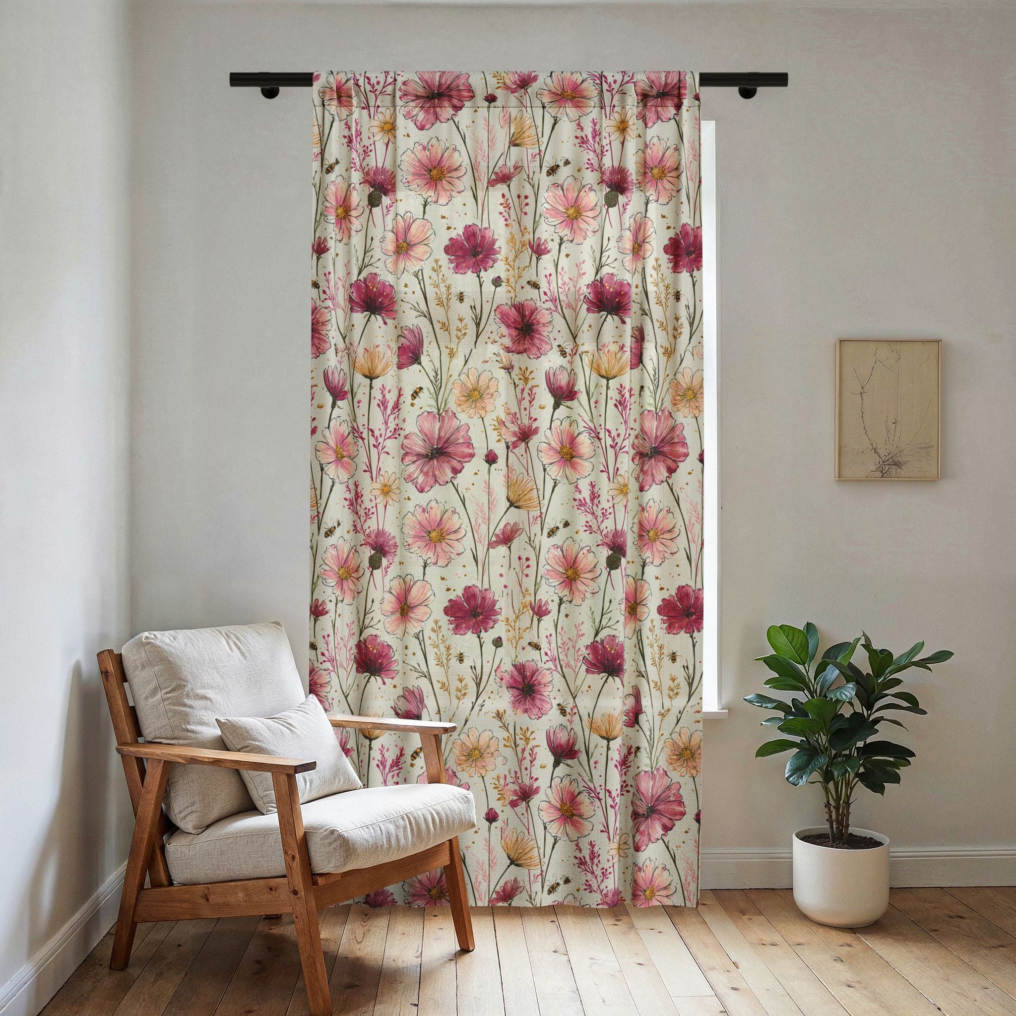 Dried Wildflowers Sheer Curtain Panel — Pink Botanical Window Curtain