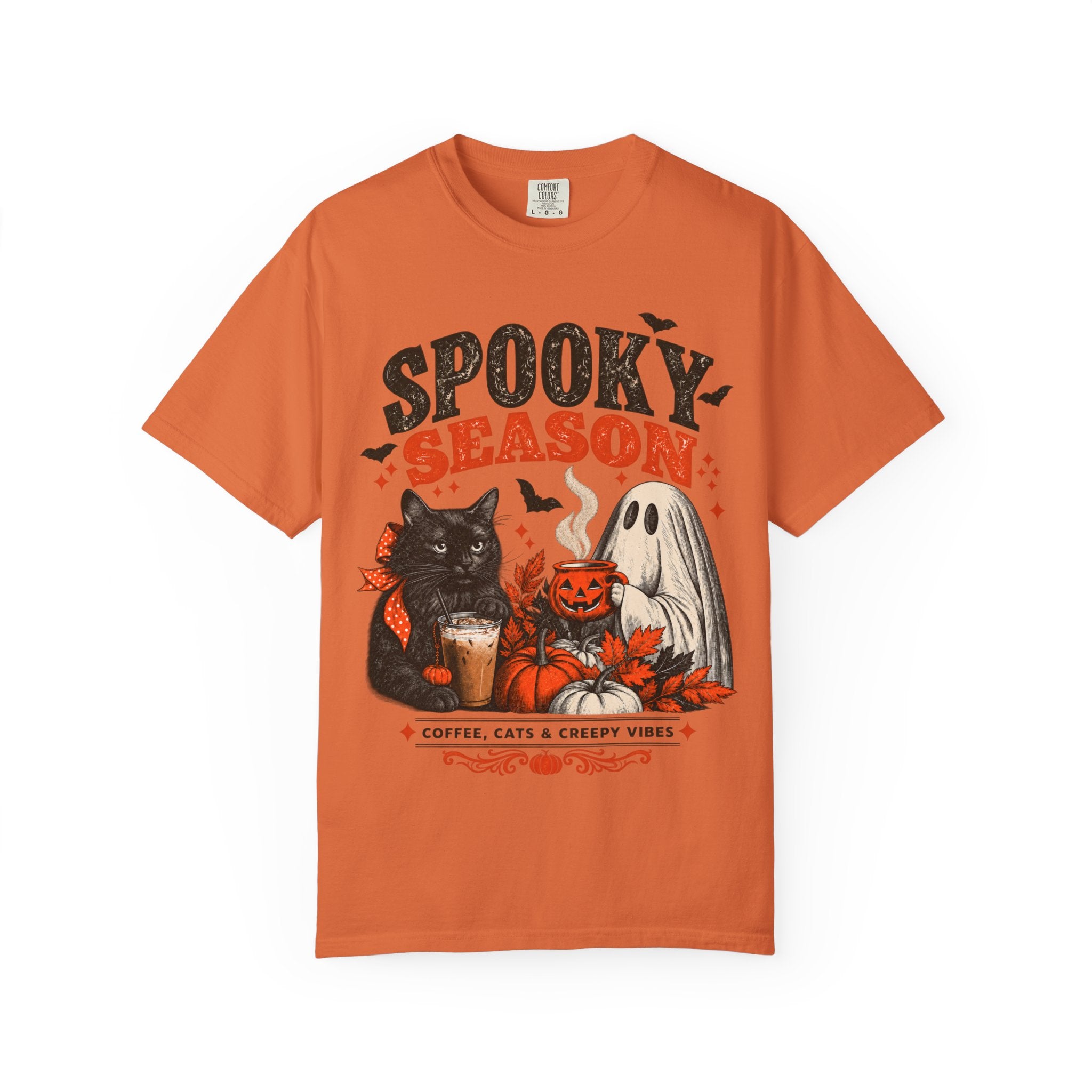 Spooky Season Black Cat & Ghost T-Shirt | Halloween Coffee & Cats Tee