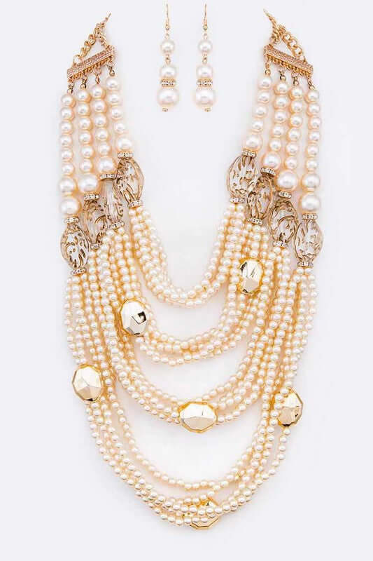 Cream White String Pearl Layer Statement Necklace Earrings Jewelry Set, LA Jewelry Plaza, $ 65.00