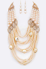 Cream White String Pearl Layer Statement Necklace Earrings Jewelry Set, LA Jewelry Plaza, $ 65.00