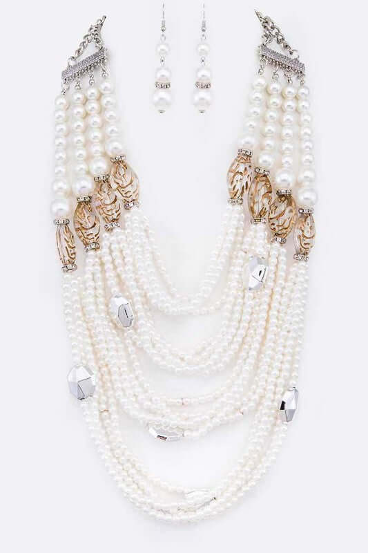 Cream White String Pearl Layer Statement Necklace Earrings Jewelry Set, LA Jewelry Plaza, $ 65.00