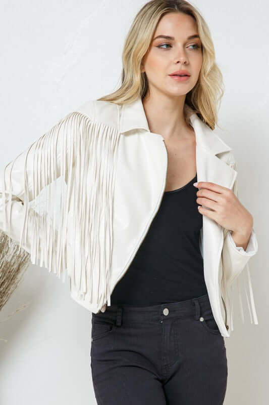 Shop Women's Faux Leather Moto Fringe Jacket | Shop Boutique Clothing, Jackets, USA Boutique