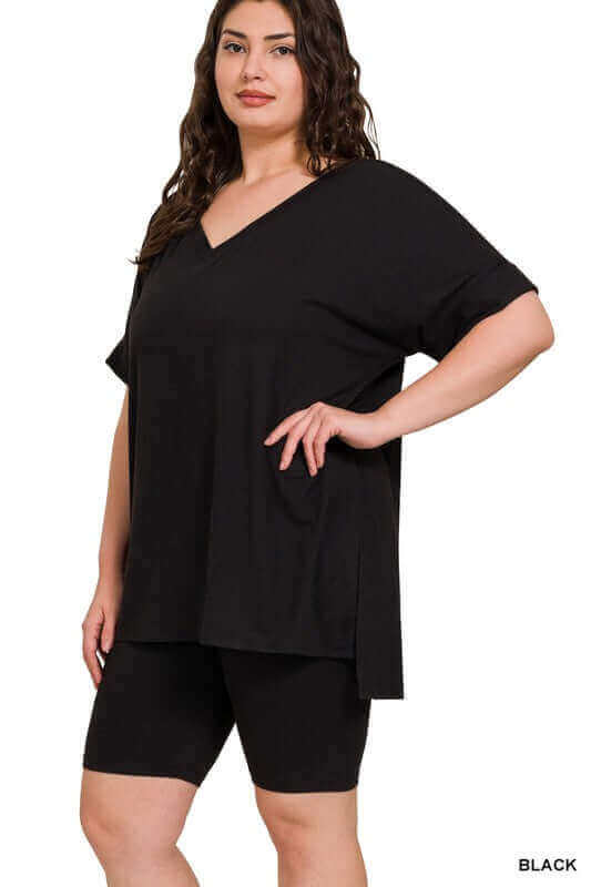 Plus Size Brushed DTY V Neck Top & Biker Shorts Set, ZENANA, A Moment Of Now