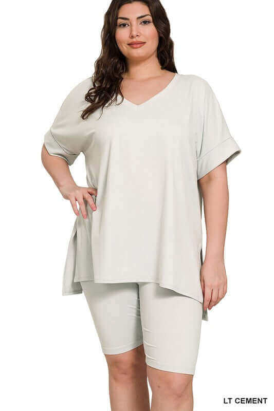 Plus Size Brushed DTY V Neck Top & Biker Shorts Set, ZENANA, A Moment Of Now