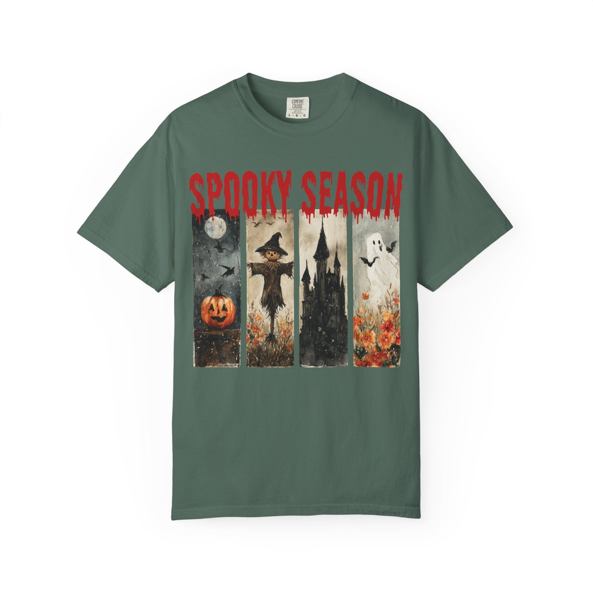 Spooky Season Halloween T-shirt with vintage pumpkin, scarecrow and ghost graphic — product mockup