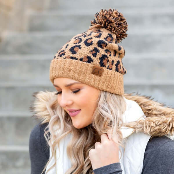 Women's CC Leopard Pom Beanie Hat | USA Boutique Online, Aili's Corner, $ 50.95