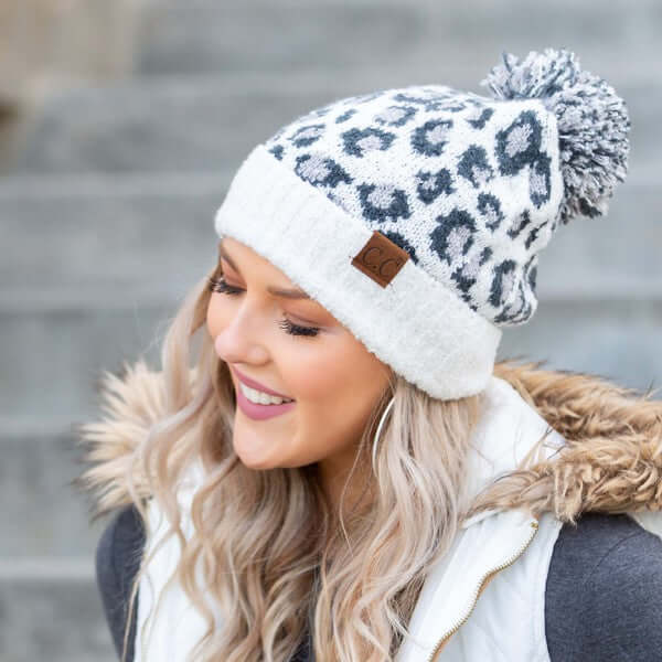 Women's CC Leopard Pom Beanie Hat | USA Boutique Online, Aili's Corner, $ 50.95