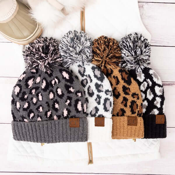 Women's CC Leopard Pom Beanie Hat | USA Boutique Online, Aili's Corner, $ 50.95