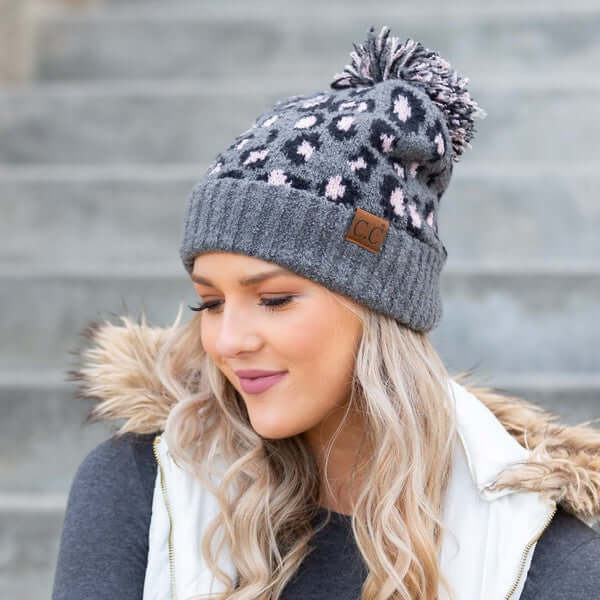 Women's CC Leopard Pom Beanie Hat | USA Boutique Online, Aili's Corner, $ 50.95