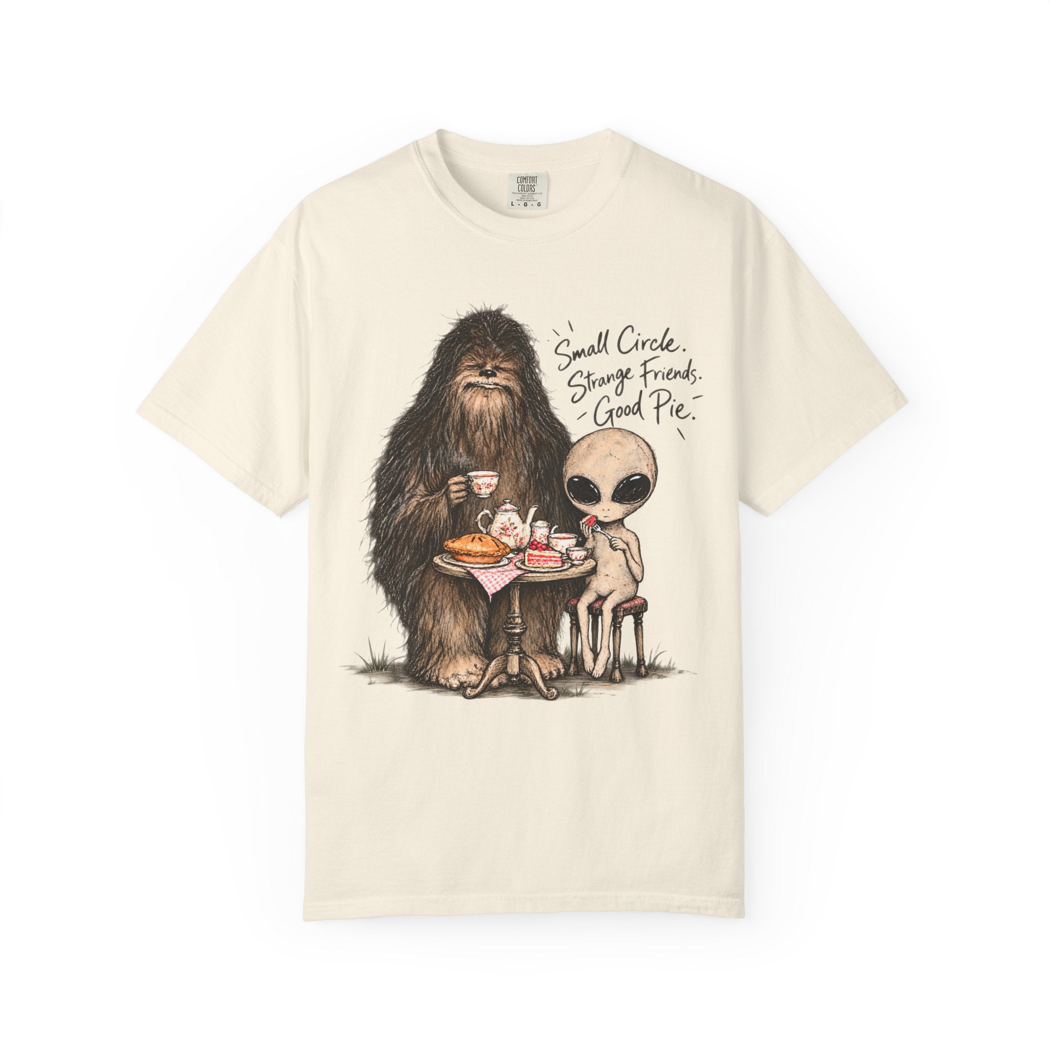 Bigfoot & Alien Tea Party T-Shirt | Small Circle, Strange Friends, Good Pie