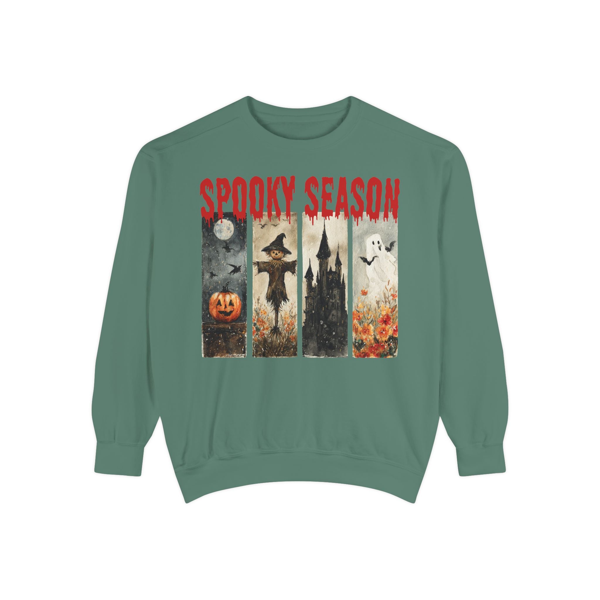 Spooky Season Halloween sweatshirt with vintage pumpkin, witch and ghost graphic — product mockup