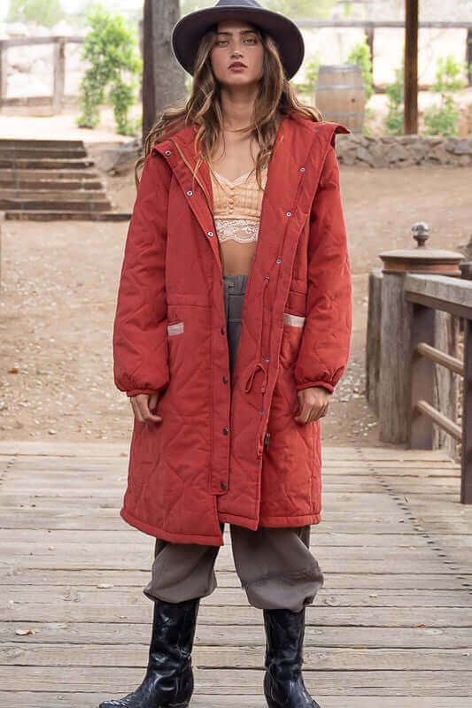 Shop Wiomen's Red Quilted Long Padded Jacket With Hoodie | Boutique Shop, Coats, USA Boutique