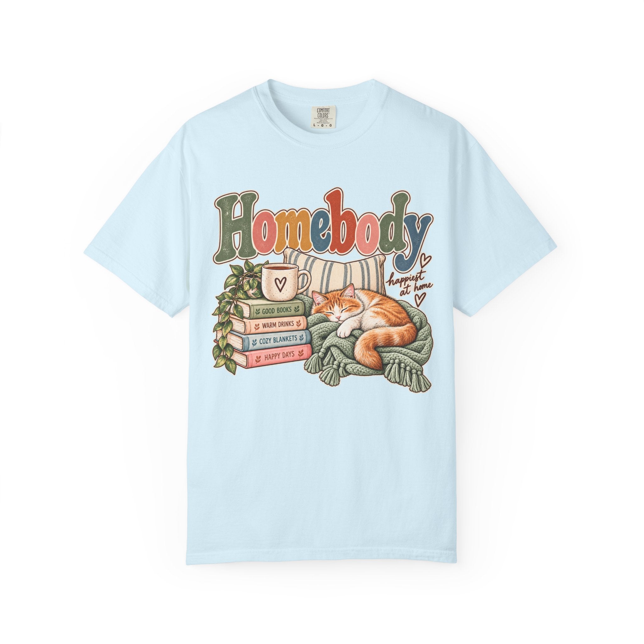 Homebody T-Shirt — Cozy Cat, Books & Coffee Comfort Colors® Tee