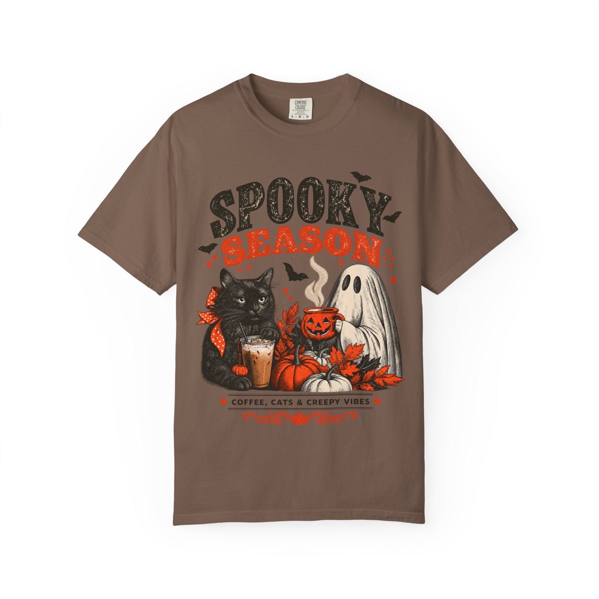 Spooky Season Black Cat & Ghost T-Shirt | Halloween Coffee & Cats Tee
