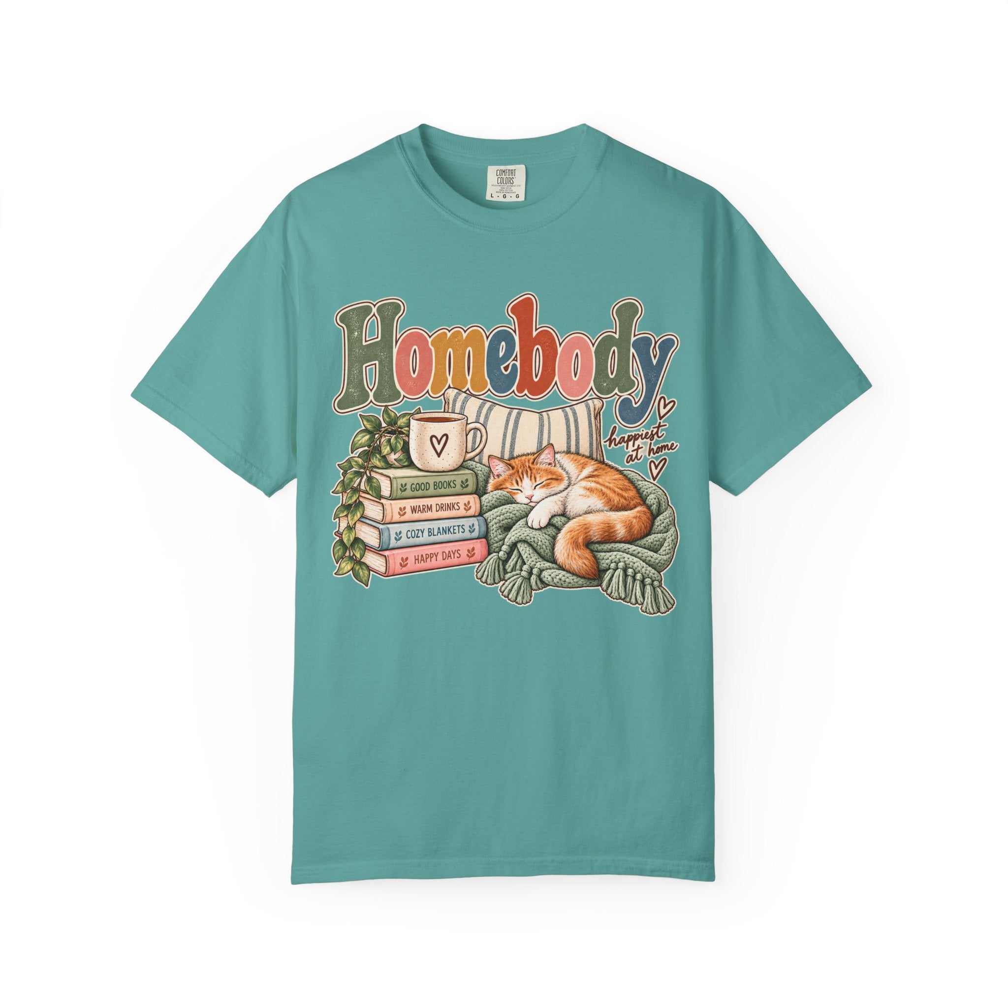 Homebody T-Shirt — Cozy Cat, Books & Coffee Comfort Colors® Tee