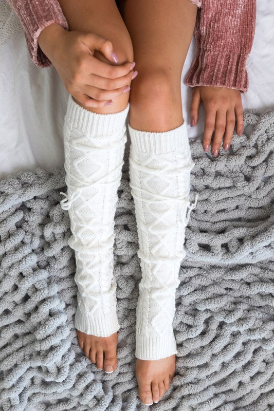 Super Cute Cable Knit Long Tie Leg Warmers