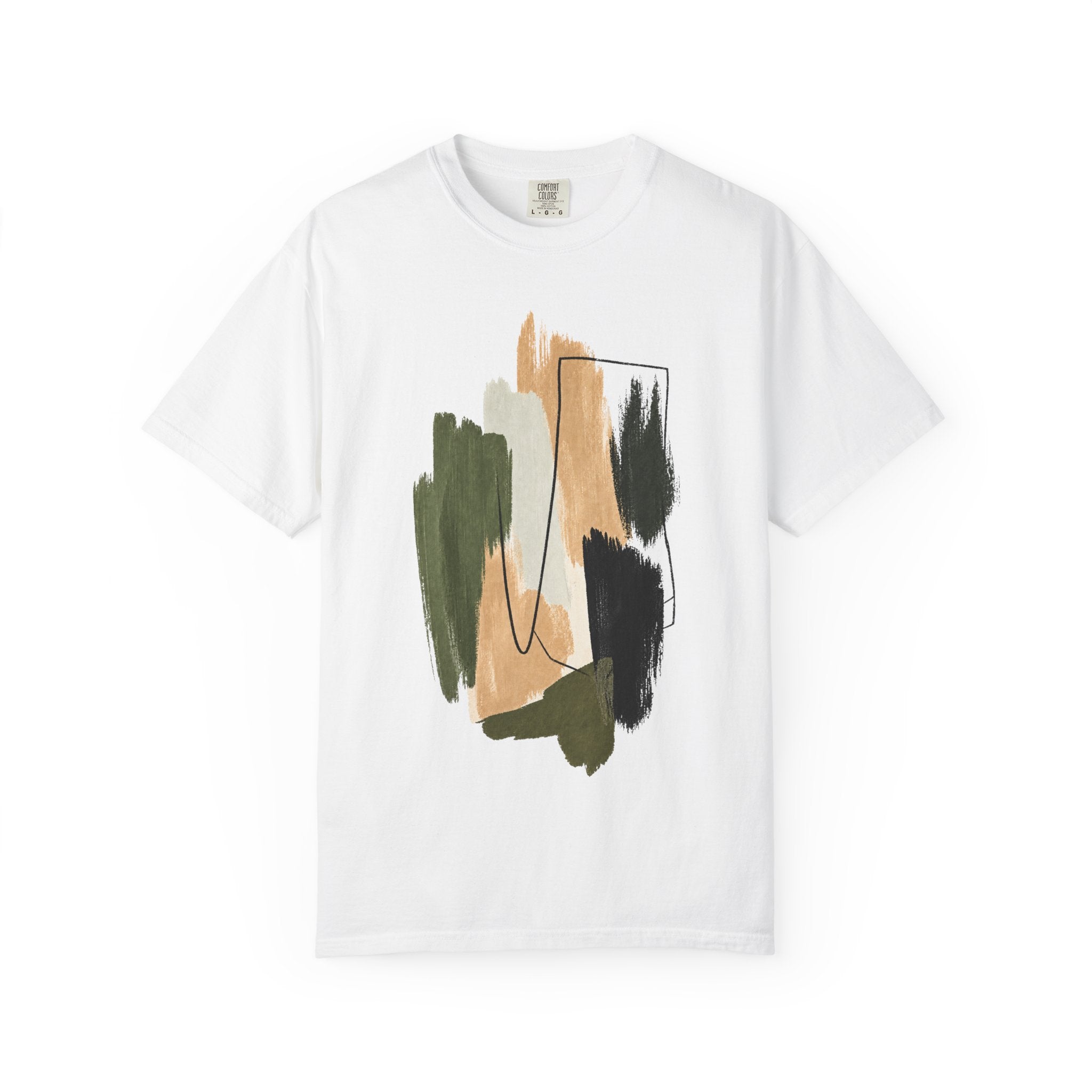 Abstract Brushstroke T-Shirt | Olive, Tan & Black Minimal Art Tee