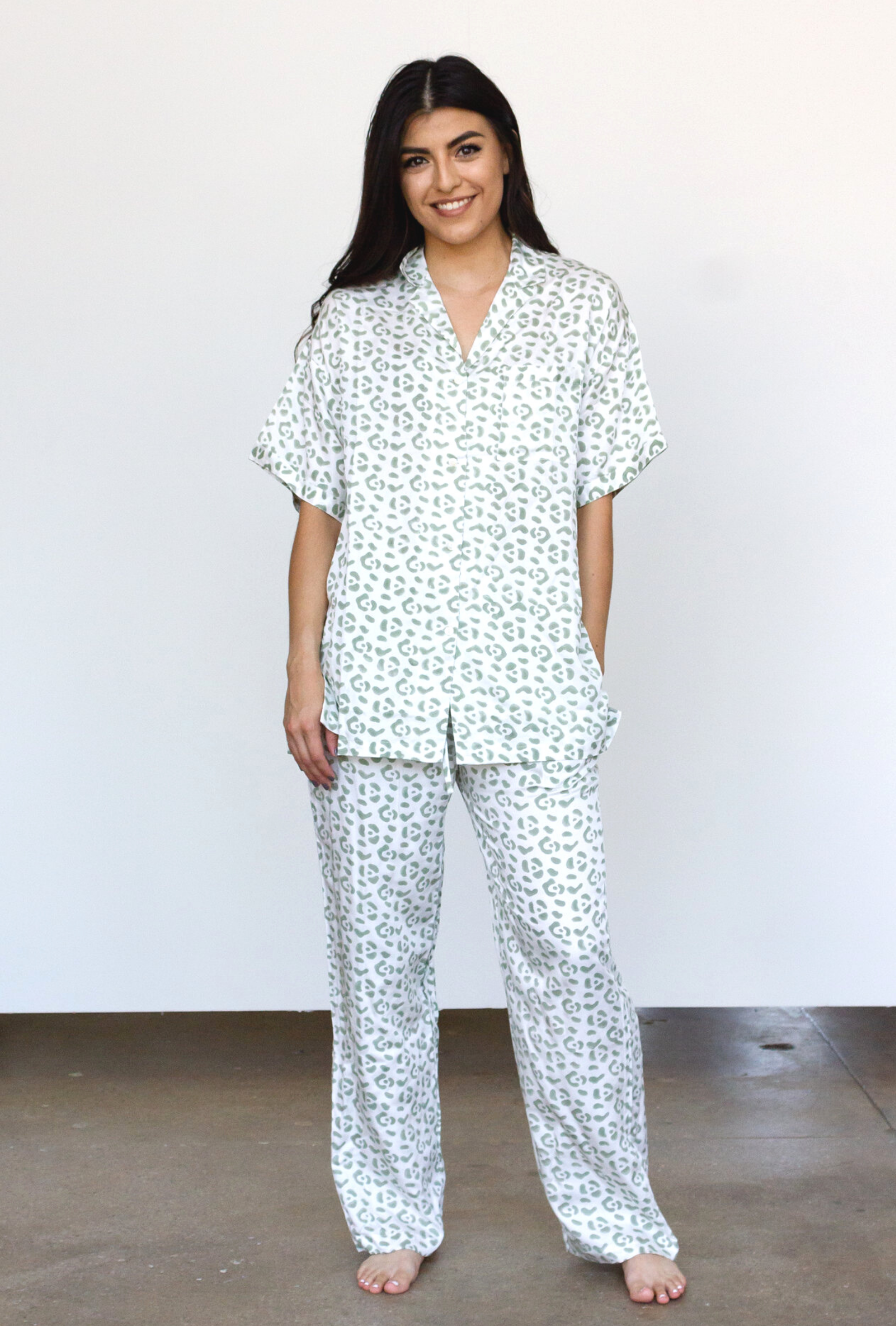 Leopard Pajama Modal Set in Cream + Sage | Boutique In USA, PJs, $ 138.00, A Moment Of Now™