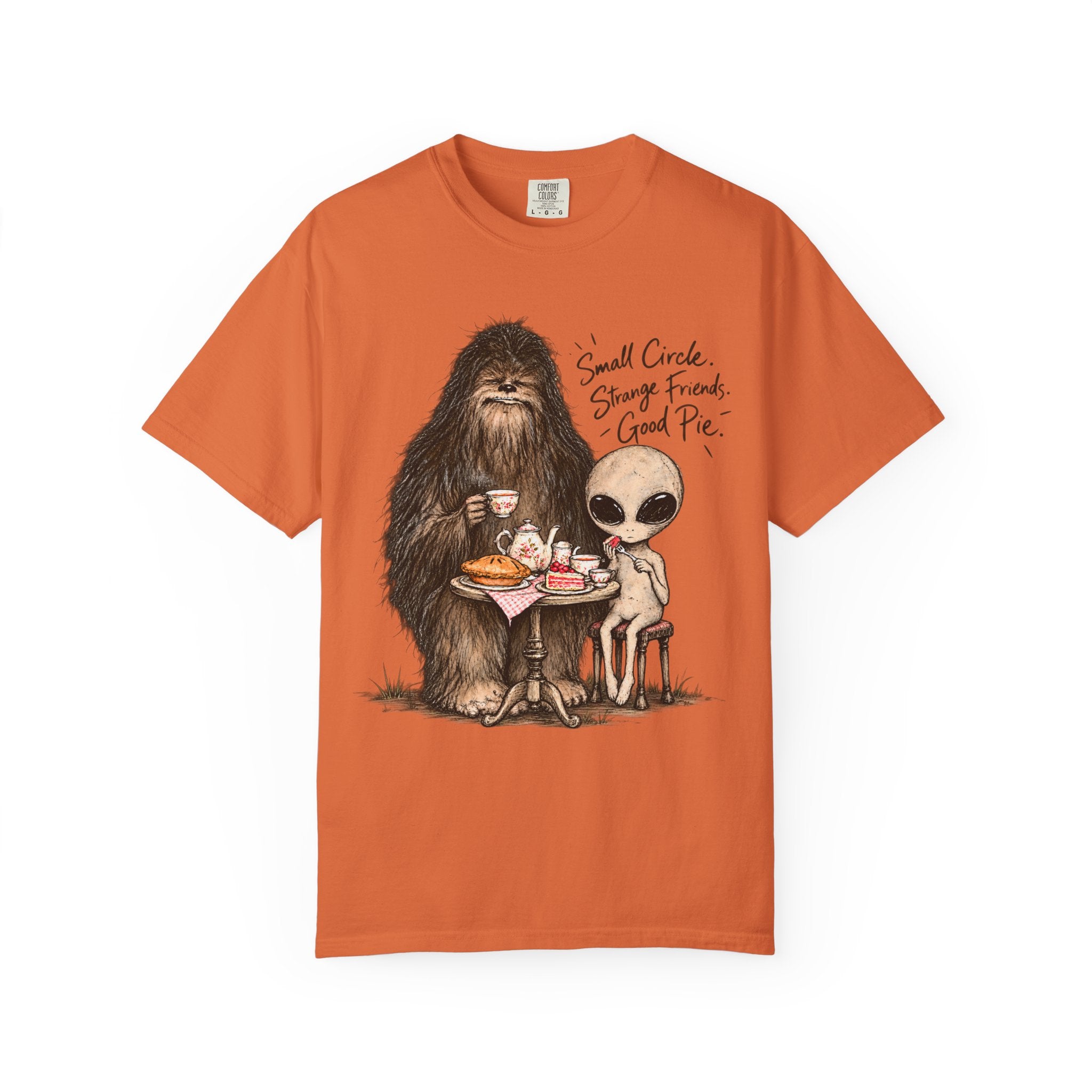 Bigfoot & Alien Tea Party T-Shirt | Small Circle, Strange Friends, Good Pie