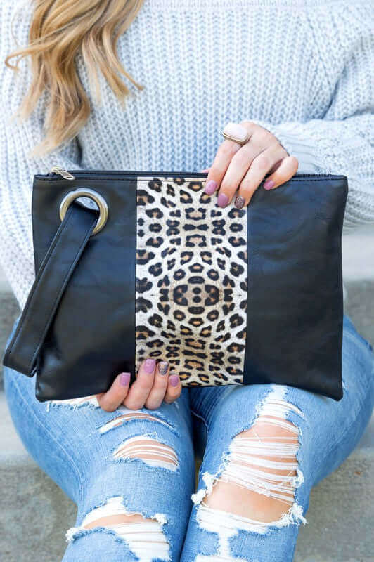Black Leopard Dual Tone Clutch | Stylish & Spacious, Clutches, $ 30.95, A Moment Of Now™