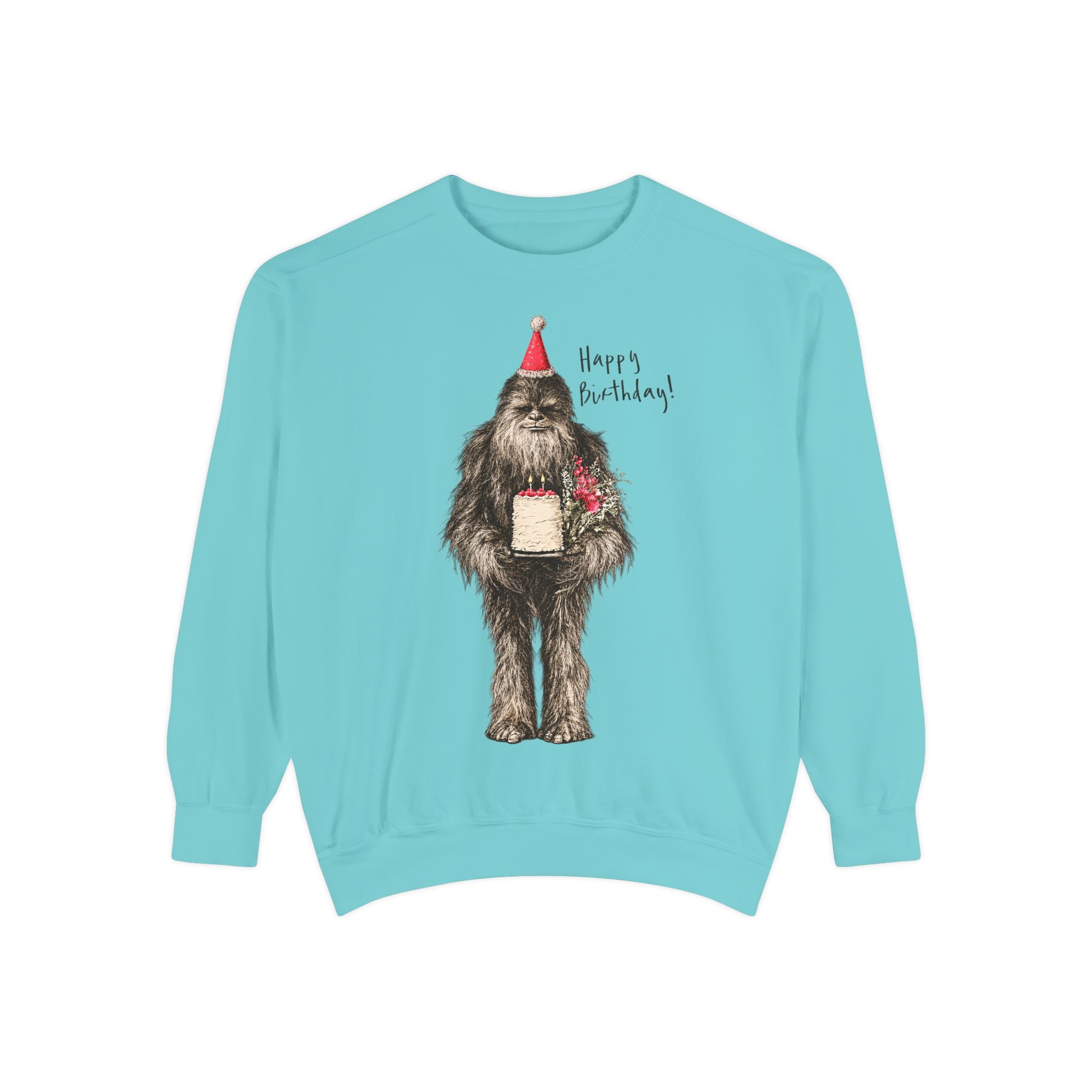 Birthday Bigfoot Sweatshirt — Funny Sasquatch with Cake