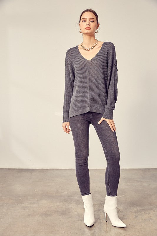 Shop Women's Grey V-Neck Drop Shoulder Knit Top | Shop Boutique Clothing, Tops, USA Boutique