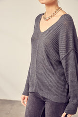 Shop Women's Grey V-Neck Drop Shoulder Knit Top | Shop Boutique Clothing, Tops, USA Boutique