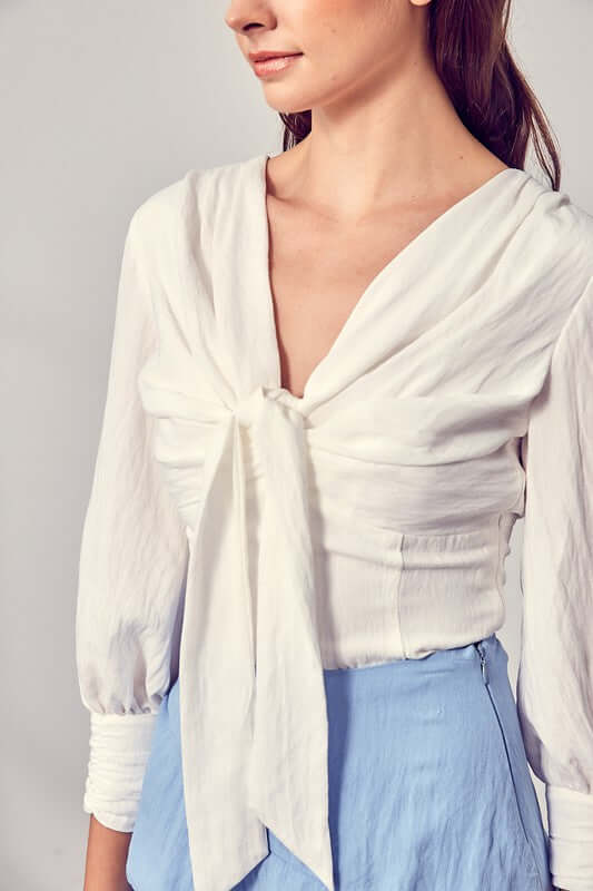 Women's White Front Tie Long Sleeve Top | USA Boutique Clothing, Do + Be Collection, $ 45.00