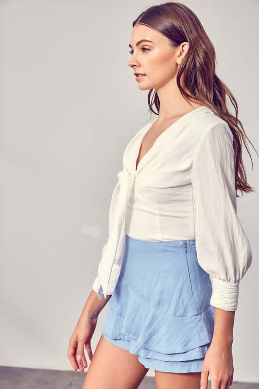 Women's White Front Tie Long Sleeve Top | USA Boutique Clothing, Do + Be Collection, $ 45.00