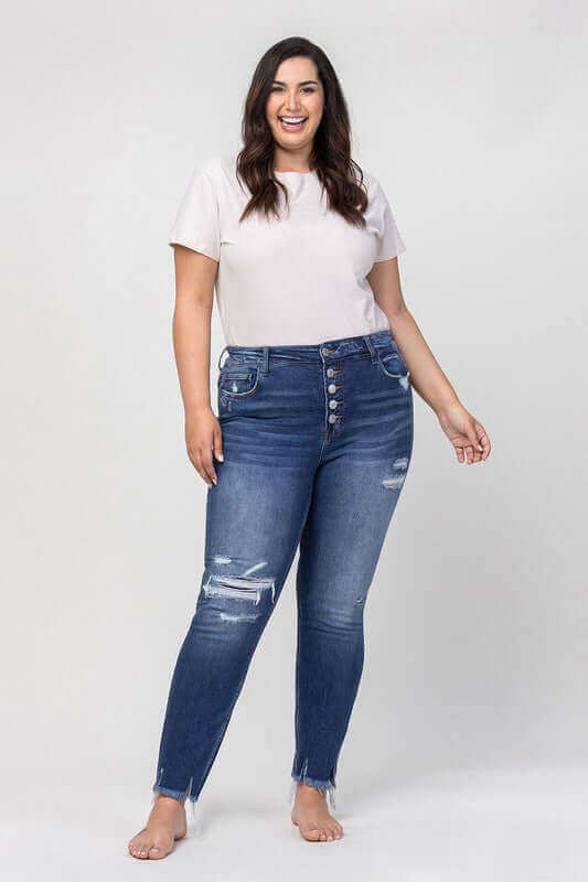 Plus Size High Rise Patched Button Up Distressed Jeans, VERVET by Flying Monkey, $ 69.00