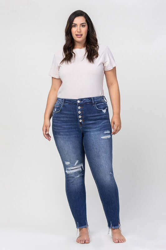 Plus Size High Rise Patched Button Up Distressed Jeans, VERVET by Flying Monkey, $ 69.00