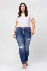 Plus Size High Rise Patched Button Up Distressed Jeans, VERVET by Flying Monkey, $ 69.00