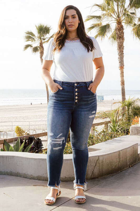 Plus Size High Rise Patched Button Up Distressed Jeans, VERVET by Flying Monkey, $ 69.00