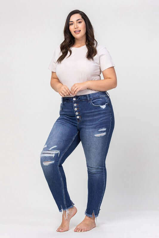 Plus Size High Rise Patched Button Up Distressed Jeans, VERVET by Flying Monkey, $ 69.00