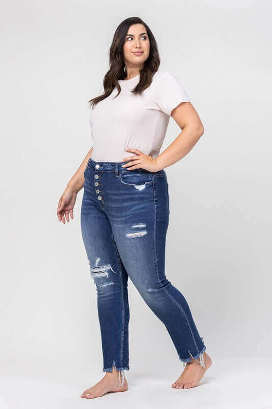 Plus Size High Rise Patched Button Up Distressed Jeans, VERVET by Flying Monkey, $ 69.00