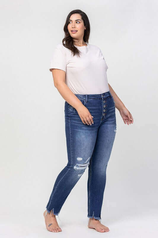 Plus Size High Rise Patched Button Up Distressed Jeans, VERVET by Flying Monkey, $ 69.00