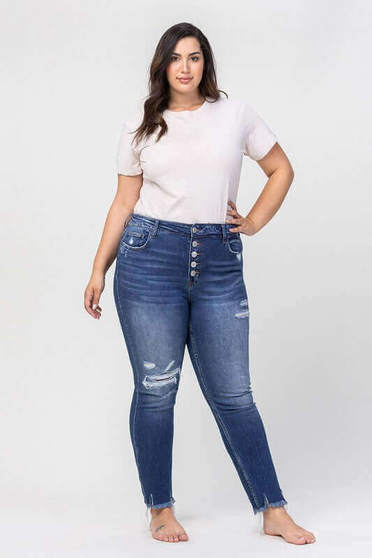 Plus Size High Rise Patched Button Up Distressed Jeans, VERVET by Flying Monkey, $ 69.00